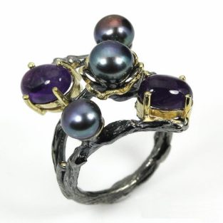 תכשיט לכלה ולערב: טבעת בשיבוץ פנינים שחורות ואמטיסט תכשיט יוקרה עבודת יד