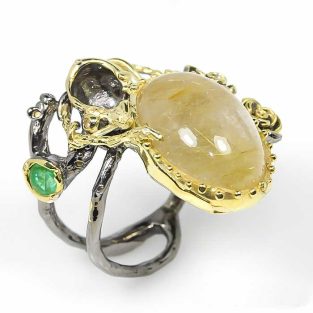 תכשיט לכלה ולערב: טבעת בשיבוץ אבן רוטילייד קוורץ ואמרלד תכשיט יוקרה עבודת יד