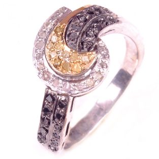 לכלה ולערב: טבעת כסף 925 בשיבוץ יהלומי גלם לבן וזהוב 0.83 קרט מידה: 7.25