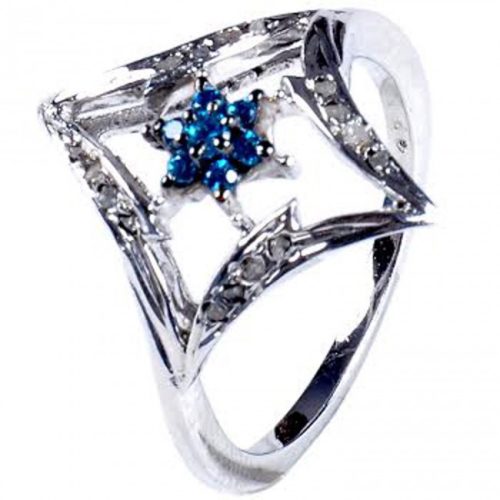 לכלה ולערב: טבעת כסף 925 בשיבוץ יהלומי גלם 0.46 קרט וזירקון כחול מידה: 7