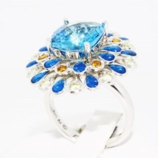 תכשיט לכלה ולערב: טבעת יוקרה כסף בשיבוץ אבני טופז וסיטרין קישוטי אמייל כחול מידה 7