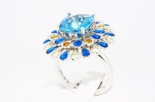 תכשיט לכלה ולערב: טבעת יוקרה כסף בשיבוץ אבני טופז וסיטרין קישוטי אמייל כחול מידה 7